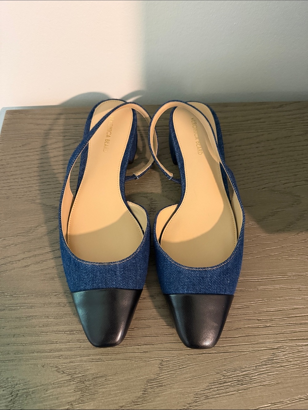 Veronica Beard Navy Denim and Black Leather Slingback Flats